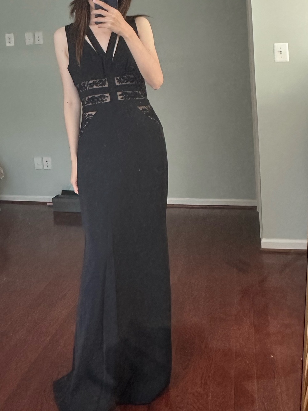Elegant Black Lace-Panel Evening Gown